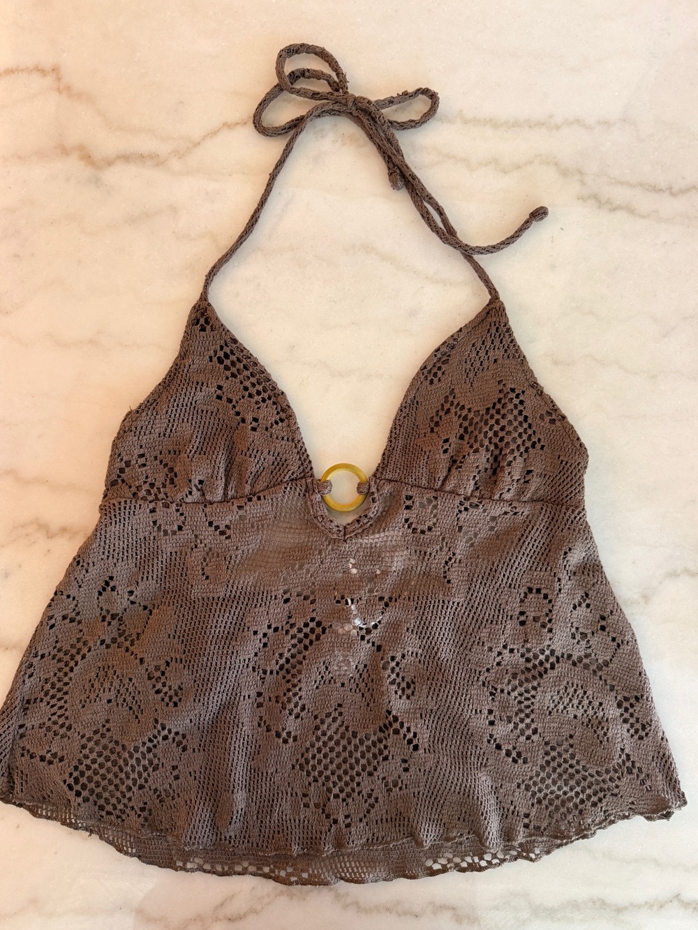 West of Melrose Brown Crochet Halter Cover-Up Top with Ring Accent